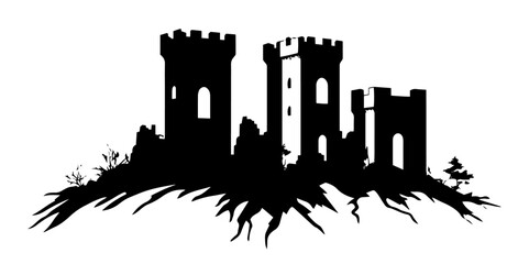 ancient stone castle ruins on hilltop in rugged silhouette style © Camel