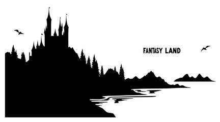 Fototapeta premium fantasy castle on cliff near sea with birds flying and dramatic coastline silhouette