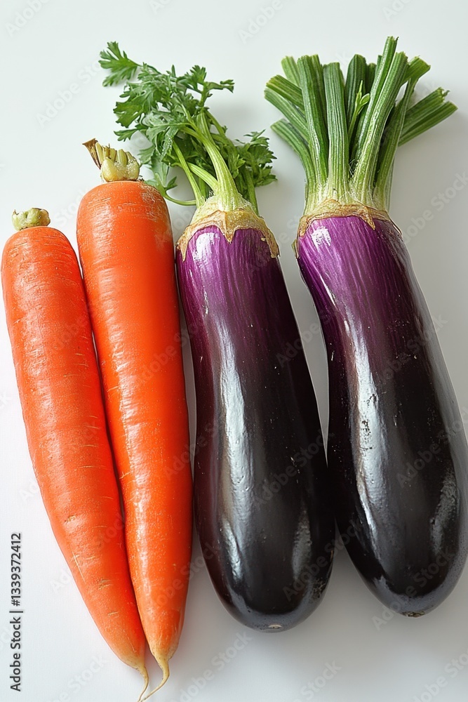 Poster fresh carrots and eggplants laying side by side on a white background in a studio setting with natur