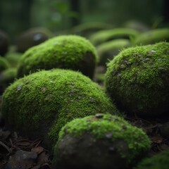 A close-up of moss-covered rocks in a damp forest, with rich green hues and organic textures. Tiny water droplets are visible on the moss