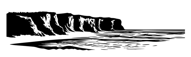 high coastal cliffs with waves crashing on the shore in black and white vector style