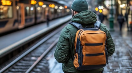 Obraz premium rear view of tourist man traveler with backpack waiting for train at railway station