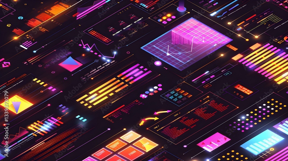 Aufkleber abstract neon data visualization with charts, graphs, and geometric elements, rendered in a futurist