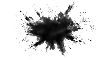 Explosive black powder burst against a white background. Closeup of black dust particles explode isolated on white background.	