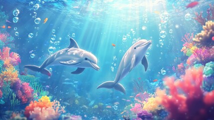 Two playful dolphins swim peacefully in the deep blue ocean water
