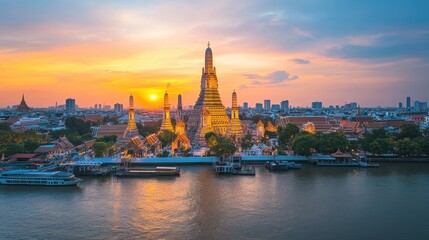 Fototapeta premium A beautiful city with a large building in the background and a sunset in the sky