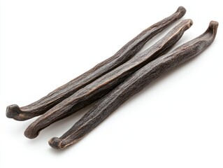 Aromatic Vanilla Beans Displayed on White Background Close Up Studio Shot Revealing Texture and Rich Color for Culinary Use
