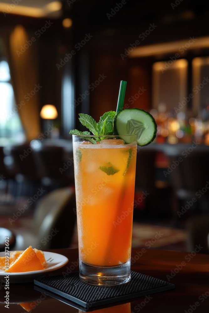 Poster refreshing orange cocktail with mint and cucumber garnish on a bar table in a sophisticated lounge s