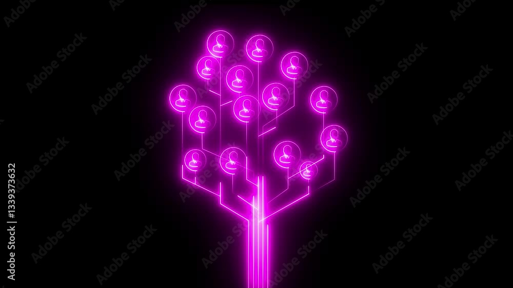 Poster glowing neon line of business relations neural networks word on dynamic technology networking, socia