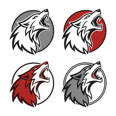Set of Fierce Stylized Wolf Head Mascot Logos in Multiple Colors .