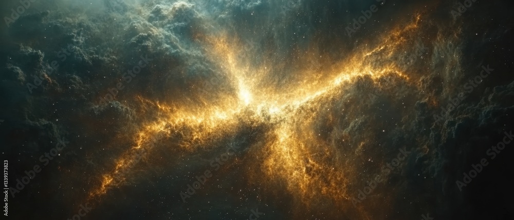 Poster ethereal cosmic nebula with golden light and dark clouds creating a celestial space background for a