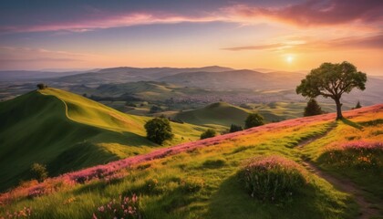 Scenic Hillside Landscape at Sunset with Pink Flowers and Winding Path