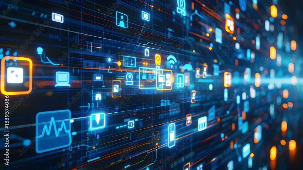Poster cybernetic network background with glowing icons, connected by lines of data flow. futuristic, tech-