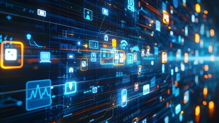 Fototapeta premium Cybernetic network background with glowing icons, connected by lines of data flow. Futuristic, tech-inspired.