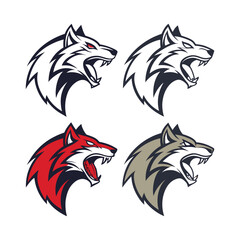 Set of Fierce Stylized Wolf Head Mascot Logos in Multiple Colors .