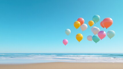 Fototapeta premium Pastel Balloons Floating Over a Serene Beach