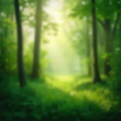 Naklejka premium A softly blurred background of a dense green forest, with sunlight filtering through tall trees. The light and shadow play creates a dreamy and peaceful ambiance