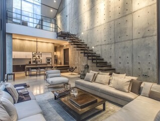 Modern Interior Features Concrete Walls Open Staircase And Living Space
