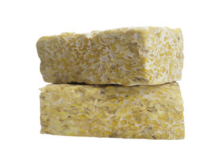 Two Stacked Tempeh Blocks Isolated on White Background. Traditional Fermented Soybean Food from Indonesia