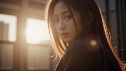 Beautiful Asian Woman with Long Hair Looking Over Shoulder in Golden Sunlight. Confident, Mysterious, Urban. [Keywords: Asian, Woman, Portrait, Sun, City]