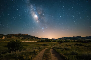 Fototapeta premium Dirt road leading into green valley under milky way and starry night sky