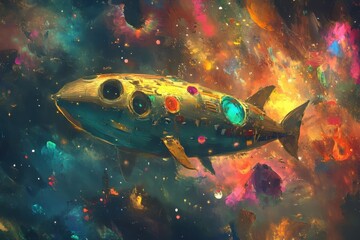 A colorful fish shaped spacecraft travels through a cosmic nebula