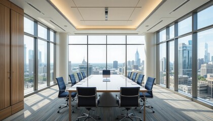 A contemporary conference room with plenty of windows and a view of the city