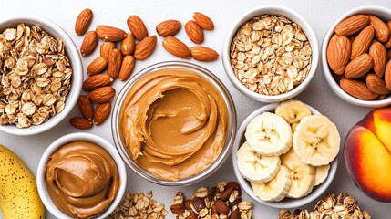 A comforting bowl of oats layered with banana slices, nut butter, and adorned with fresh peach slices, offering a delightful mix of flavors