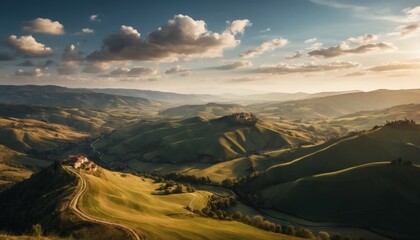 Rolling Green Hills Landscape with Clouds at Sunset and a Small Village