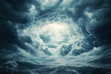 Obraz premium Dramatic ocean waves crashing under storm clouds and light rays