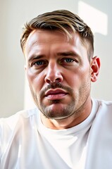 Obraz premium Portrait of a Young Man with Stylish Hair and Intense Gaze in Natural Light