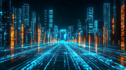 Digital technology metaverse with neon blue and green background, cyber information, abstract speed connect communication, and retro city future meta tech