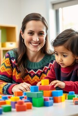 Engaging Playtime: A Joyful Interaction Between a Mother and Her Toddler with Colorful Building Blocks