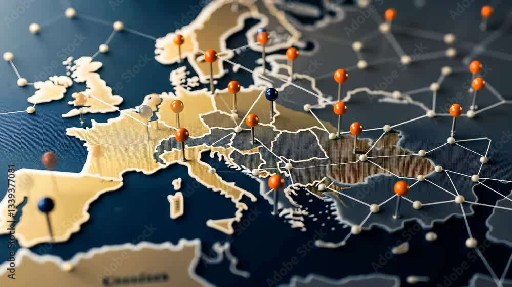 Poster exploring the intricate connections and networks across europe through a detailed map with markers h
