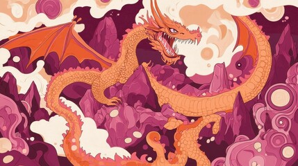 Fototapeta premium A fierce orange dragon with spread wings flies above mountains