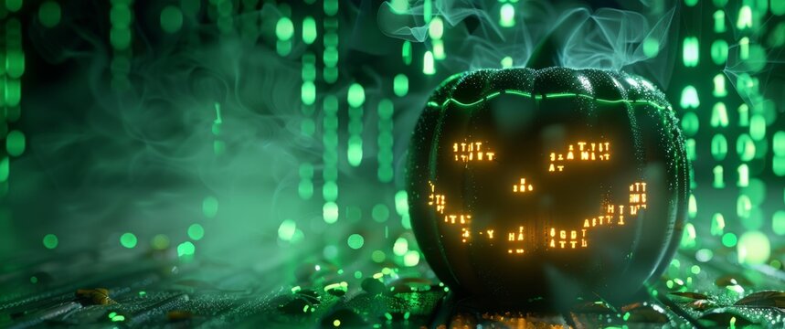 A digital jack-o'-lantern with glowing code on its surface, emitting an eerie orange light. Surrounded by green code and mist, it creates a spooky tech ambiance - Powered by Adobe