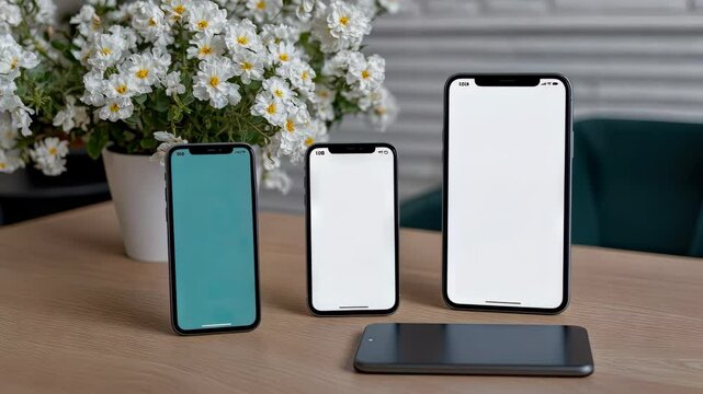 Different smartphone sizes displayed on a wooden table with flowers in a pot in a modern indoor setting
