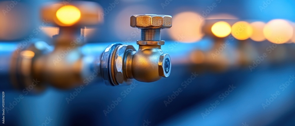 Poster close up of golden valves connected to a blue pipe system with a soft focus background illuminating 