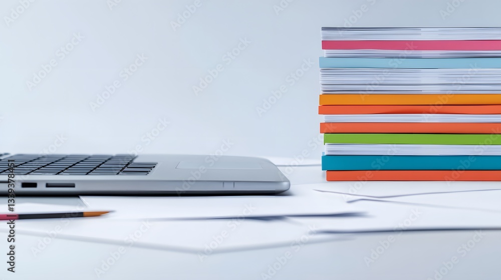 Poster laptop and stack of papers on a white background representing business workflow and productivity wit