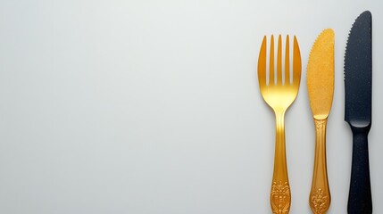 Elegant Gold and Black Cutlery on White Background