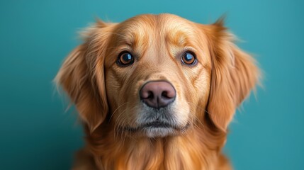 Golden retriever gazes curiously at the camera against a solid blue background while displaying a calm demeanor