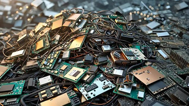 Pile of Discarded Circuit Boards and Computer Components with Tangled Wires Depicting Electronic Waste and Recycling

