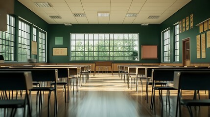 Classroom interior with rows of tables and chairs. 3d rendering