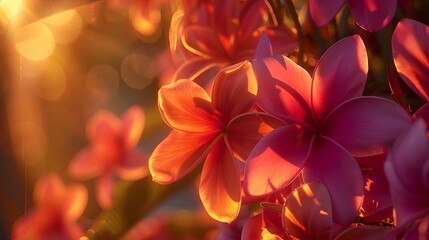 Close-up of vibrant plumeria flowers bathed in golden sunlight. Focus on intricate details and bokeh.