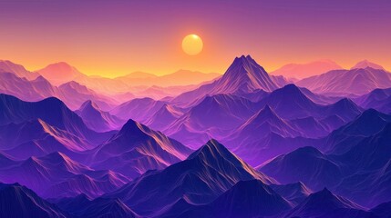 Fototapeta premium A breathtaking view of mountains at sunset, showcasing vibrant purple and orange hues illuminating the peaks and valleys. The warm glow of the sun sets the scene alive with color