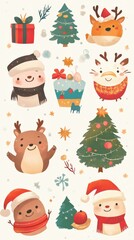 Fototapeta premium Festive Holiday Illustrations Featuring Animals Presents and Christmas Trees