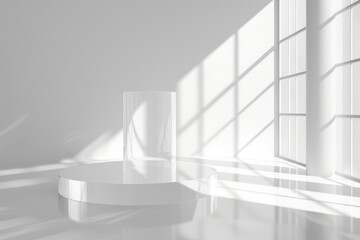 Fototapeta premium Circular white podium featuring a transparent cylindrical display in a bright, modern space. Soft geometric shadows and large windows enhance the aesthetic