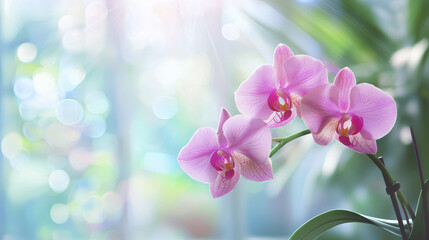 Obraz premium Beautiful pink orchids in soft light, showcasing delicate petals and vibrant colors