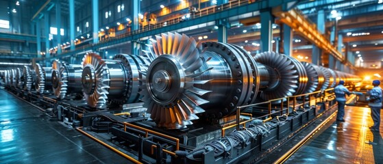 A row of massive industrial turbines in a modern factory, showcasing precision engineering. Two workers in safety gear inspect the machinery under bright lighting