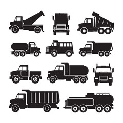 A collection of 10 clean, high-quality vector silhouette illustrations of different heavy trucks on a white background. 